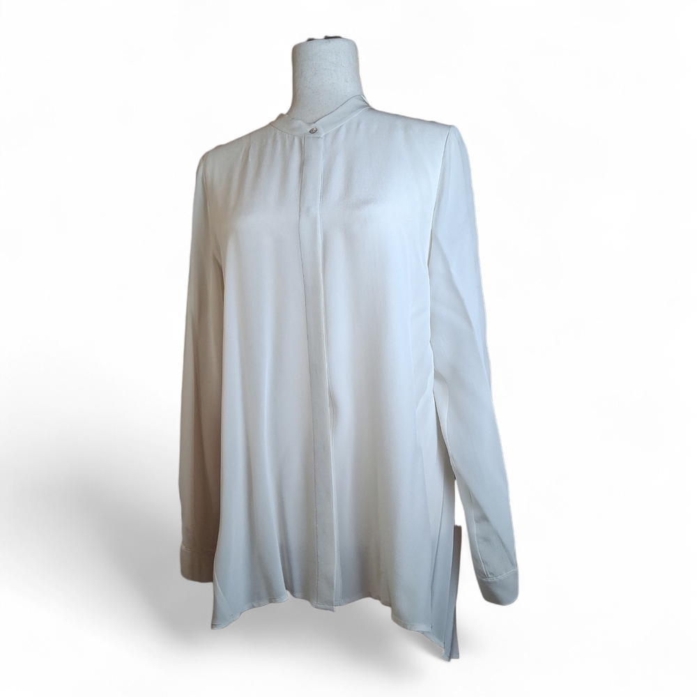 EILEEN FISHER Women's Ivory 100% Silk Georgette Band Collar Shirt Button Up S/P